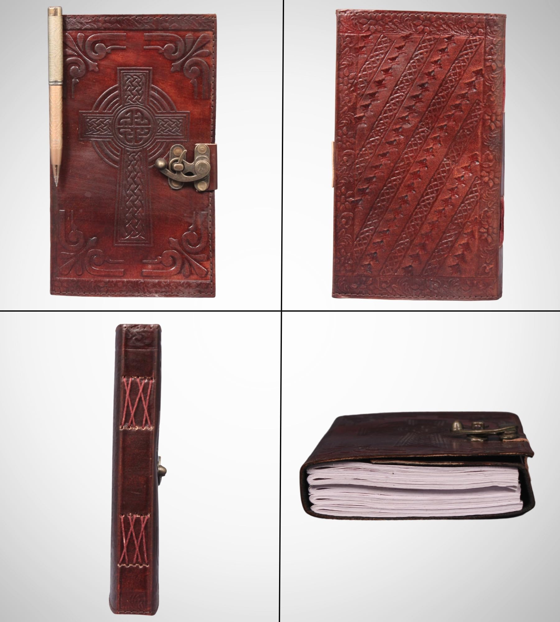 Genuine Leather Bound Journal Grimoire Cross Embossed Notepad Brown Notebook
